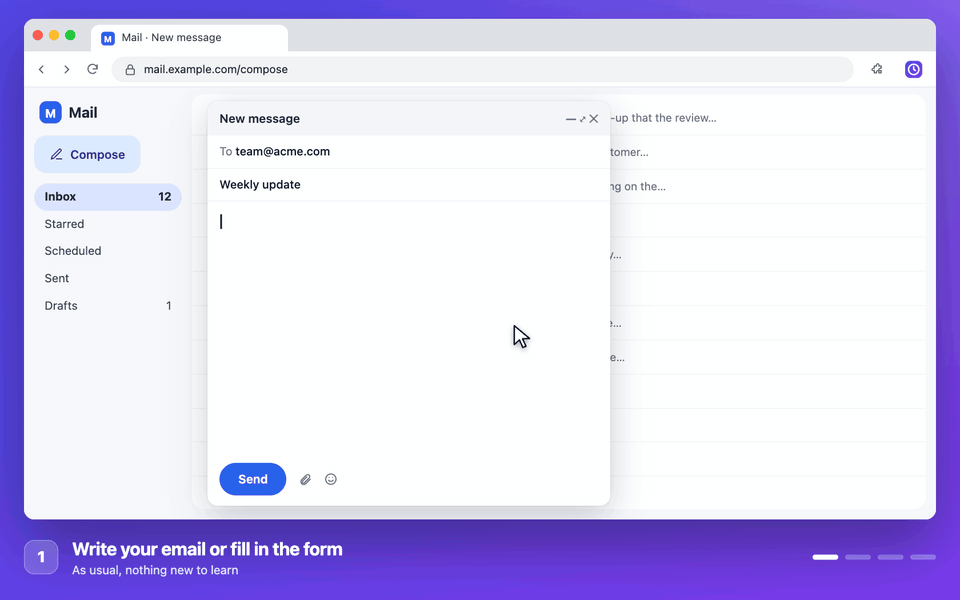 Animated demo: an email is written, the Send button is picked with Submit Later, Tomorrow 9 AM is chosen, and the next morning the button is pressed on time and a notification confirms it.